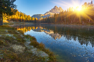 Majestic landscape of Antorno lake with famous Dolomites mountain peak of Tre Cime di Lavaredo, Italy Europe.