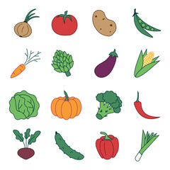 set of color vector icons with vegetables, bright simple vector images of vegetable ingredients