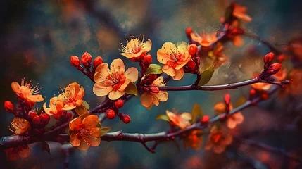 Gardinen Spring cherry blossom warm color, Beautiful illuminated cherry blossom with warm golden sunset light and urban city background. AI generated © Lucky Ai