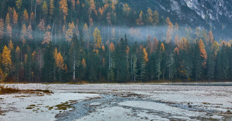 autumn mountain lake. Lago di Landro, Dolomites Alps, Italy