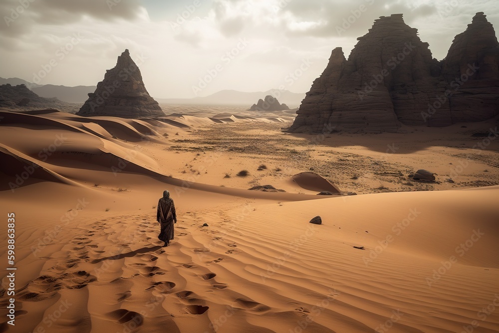 Poster a single figure standing alone in the midst of a desert generative ai generative ai