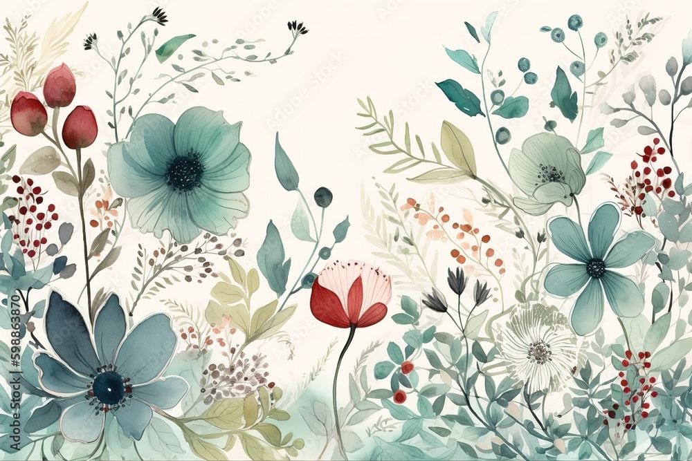 Poster a line drawing of flowers and foliage superimposed on a white backdrop generative ai generative ai
