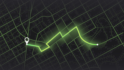Location tracks dashboard. City street road. City streets and blocks, route distance data, path turns and destination tag or mark. Huge city top view. Graphic urban infrastructure Vector illustration