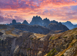 famous peaks of Tre Cime di Lavaredo National park, UNESCO world heritage site in Dolomites, Italy