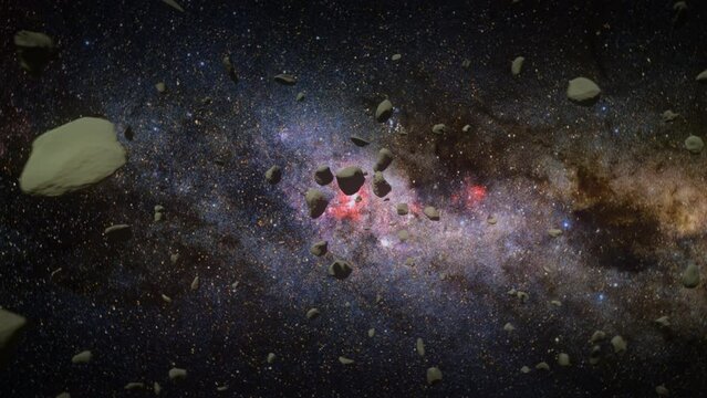 A cinematic fly through 3d animation of an asteroid field in space.