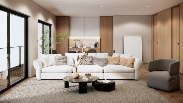 Modern white room with living room area. Contemporary apartment design. 3d visualization rendering