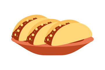 Template for mexican cafe or restaurant. Mexican cuisine dishes flat vector illustration. Demonstration of serving tacos. Large clay plate of tortillas with meat filling isolated on white background