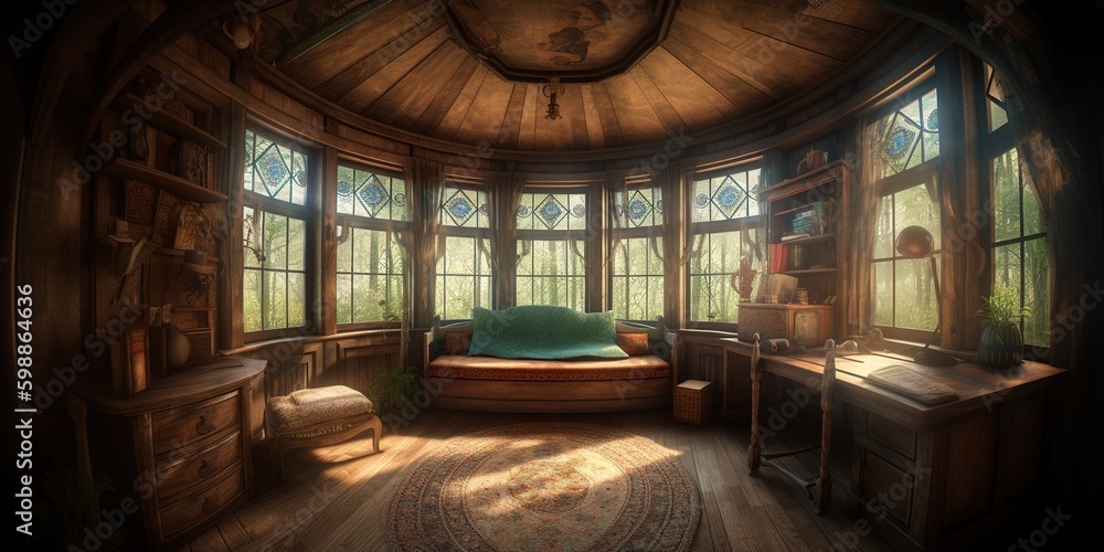 Poster a space that contains both a bed and a desk. generative ai generative ai