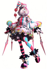 ピエロ(曲芸師)の女性キャラクターの全身イラスト(AI generated image)