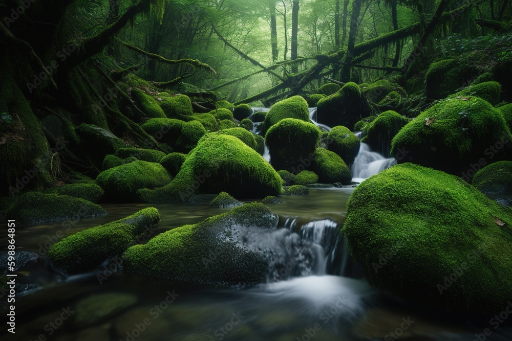 Poster a brook that winds its way through an incredibly verdant woodland generative ai generative ai