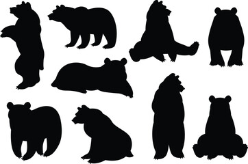 wild grizzly and brown bear silhouette set - walking, standing, rearing up animals black vector outlines