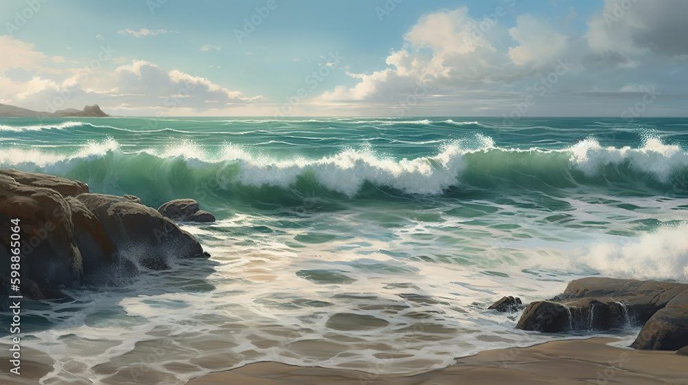 Poster a picture of waves breaking on a rocky coastline as an example generative ai generative ai