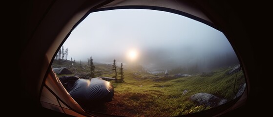A beautiful landscape seen from the inside of a cozy tent. Generative AI