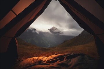 A beautiful landscape seen from the inside of a cozy tent. Generative AI