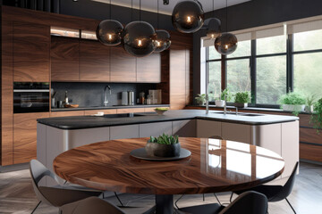 Kitchen island in modern luxurious kitchen interior. Created with Generative AI technology.