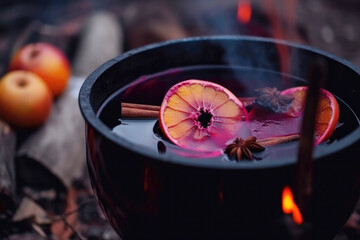 Obraz na płótnie Canvas Preparing traditional mulled wine with orange slices over fire outdoors. Created with Generative AI technology.
