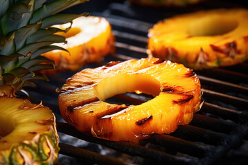Bbq, grilled pineapple rings on grill grate with fire. Close-up view. Summer picnic outdoors. Created with Generative AI technology.