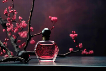Perfumery, luxury oriental fragrance concept made with perfume bottle and branch with flowers. Created with Generative AI technology.