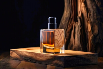 Perfumery, luxury wood fragrance concept made with perfume bottle on wooden pedestal. Created with Generative AI technology.