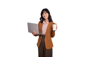 Beautiful smiling young asian businesswoman carrying laptop computer and cup of coffee to go while standing isolated over white background