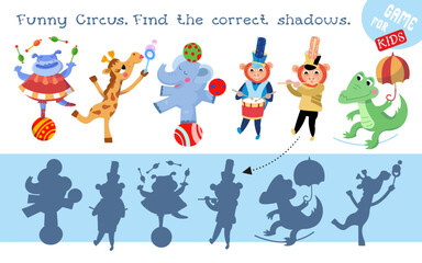 Find correct shadow. Educational puzzle game for children. Set of cute circus animals. Cartoon isolated character for design on white background. Vector illustration.