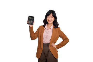 Young Asian woman holding calculator isolated on white background, Business Account and finance concept