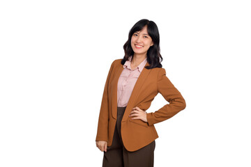 Young asian woman, professional businness entrepreneur in brown suit with hand on hip and smile isolated over white background