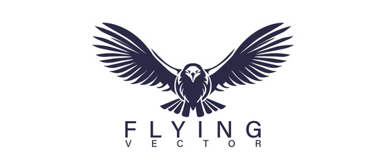 Vector simple monochrome logo. Flying bird with wide spread wings on a white isolated background.