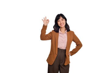 Young asian woman, professional entrepreneur showing okay with satisfied face expression, praise and compliment great job, standing isolated on white background