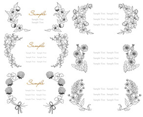 フローラルロゴ セット エレガント 結婚式招待状　フラワー フレーム 手描き モノクロ