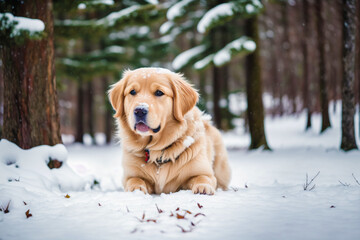 Cute Golden Retriever. Portrait of a beautiful Golden Retriever dog playing in the park. Generative AI