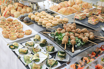 close-up of a buffet with appetizers - top view