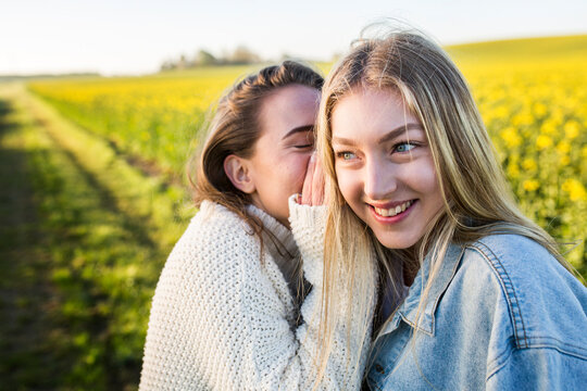 Female friends whispering in ear in countryside