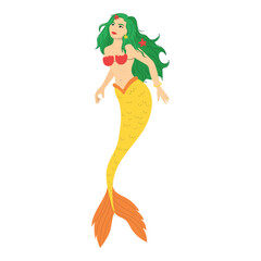 Cartoon mermaid with green hair. Vector illustration isolated on white background