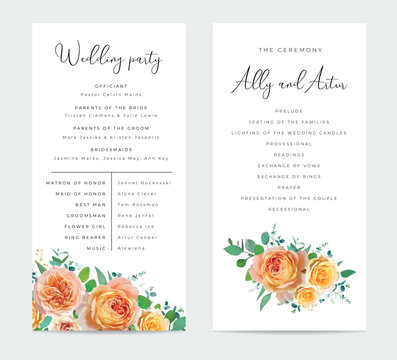 Floral wedding party, ceremony program card. Peach, orange, yellow color rose flowers, green eucalyptus branches, leaves bouquet border. Watercolor, editable vector illustration. Elegant templates set