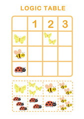 Logic game for children. Logic table worksheet for kids. Cut and match worksheet for Preschool Children.