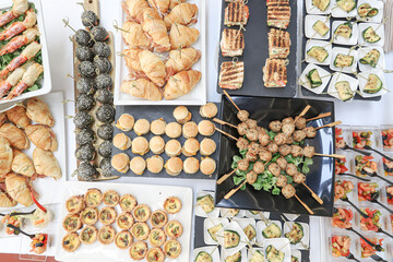 close-up of a buffet with appetizers - top view