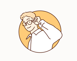 Smart man touching his glasses and looking ahead. Hand drawn style vector design illustrations.