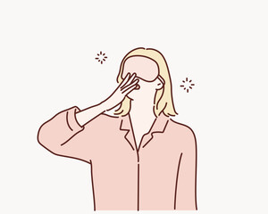 Tired woman yawning covering open mouth with hand need rest. Hand drawn style vector design illustrations. - obrazy, fototapety, plakaty