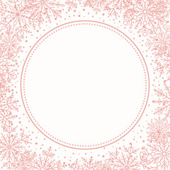 Winter vector frame with arabesques and snowflakes. Pink greeting card. Pattern with snowflakes