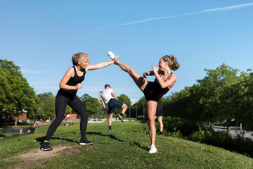 Friends practicing martial arts in park