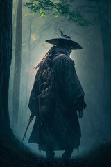 Japanese samurai warrior in traditional Asian armor with a katana sword in forest in rain. Generative AI illustration