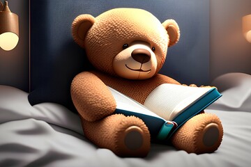 Our teddy bear friend is immersed in a good book, spending a relaxing evening in bed - generative ai