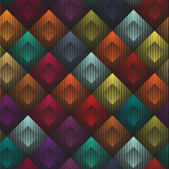Seamless abstract geometric pattern with repeating multicolor squares and black lines gradient. Modern patchwork style mosaic. Striped vector illustration. Great as a background or texture.