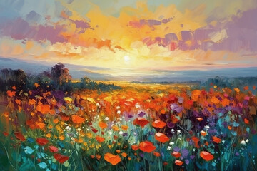 Oil painting meadow landscape at sunset. Field with poppies, dandelions and daisies. Impressionist style. AI generative illustration.