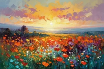  Oil painting meadow landscape at sunset. Field with poppies, dandelions and daisies. Impressionist style. AI generative illustration. © Osadchyi_I