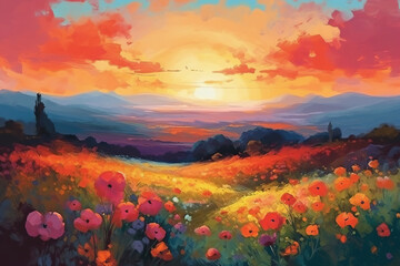 Oil painting meadow landscape at sunset. Field with poppies, dandelions and daisies. Impressionist style. AI generative illustration.