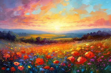 Fototapeta na wymiar Oil painting meadow landscape at sunset. Field with poppies, dandelions and daisies. Impressionist style. AI generative illustration.