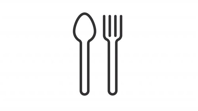 Animated spoon and fork line icon. Cutlery crossed animation. Table setting. Kitchen utensil. Kitchenware. Loop HD video with alpha channel, transparent background. Outline motion graphic