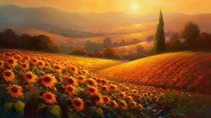 Sunflower field at sunset. Oil painting of a rural landscape. AI generative illustration.